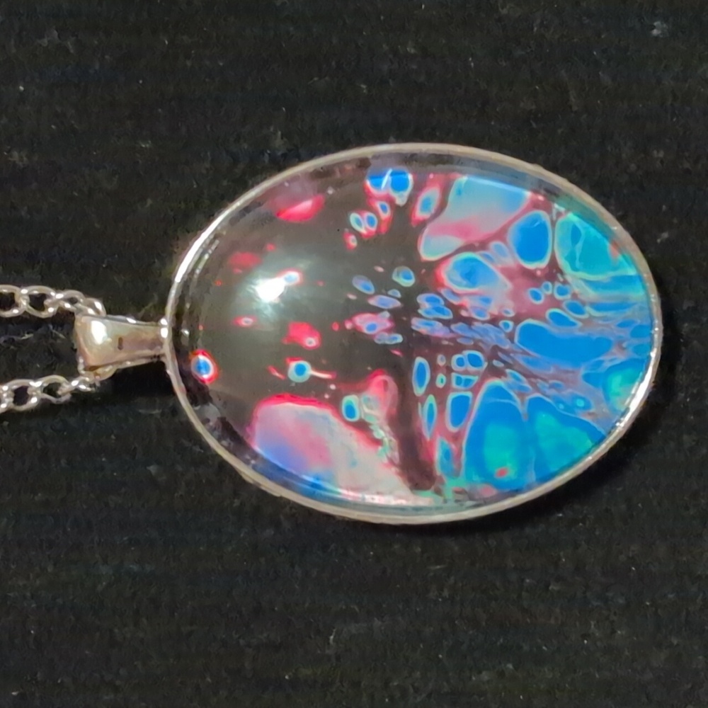 Handmade Abstract Fluid Art Paint Skins Oval Long Chain Pendant Colorful 1.5"